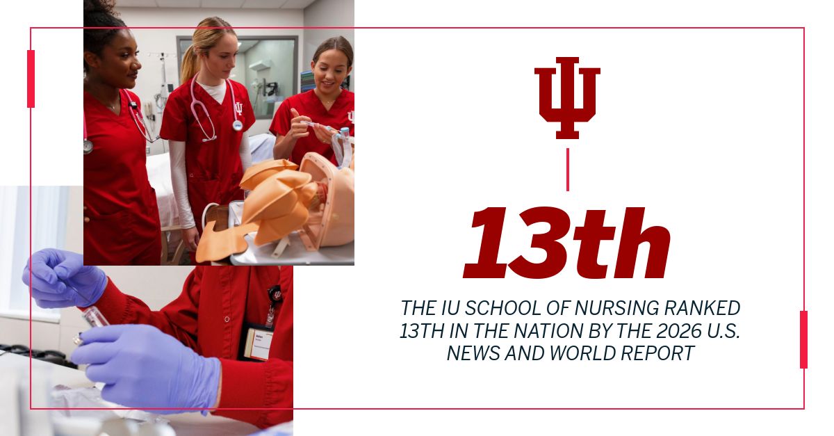 IU School of Nursing graphic showing students in simulation labs with text announcing the school’s 13th national ranking by U.S. News rankings