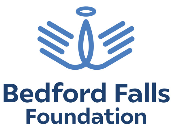 Two hands creating angel wings with halo above the text "Bedford Falls Foundation"