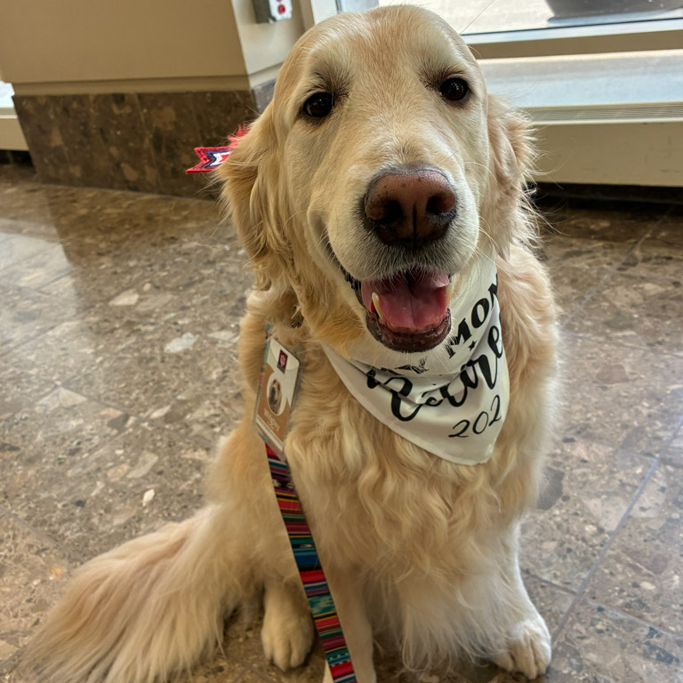 Wrigley, a participant in Riley's pet therapy program, poses for a photo
