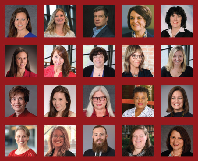 Grid of professional headshots featuring multiple presenters against a red background.