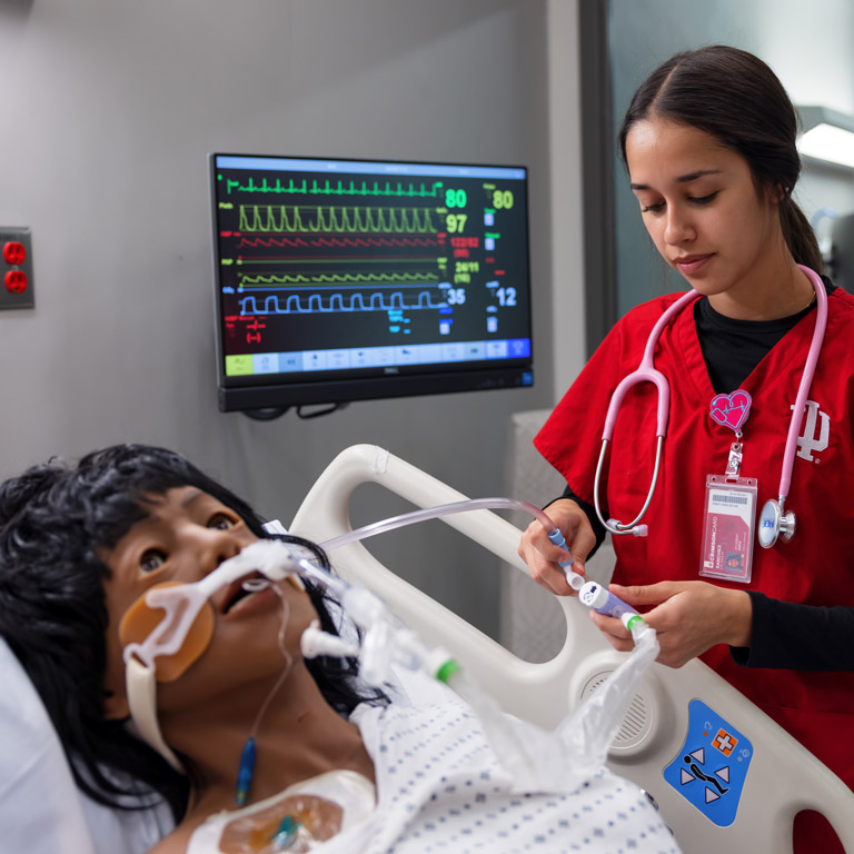 IU School of Nursing student Lia Sanchez participates in a simulation exercise in the Learning Lab.