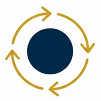 Icon of arrows circling a central dot representing application or implementation.