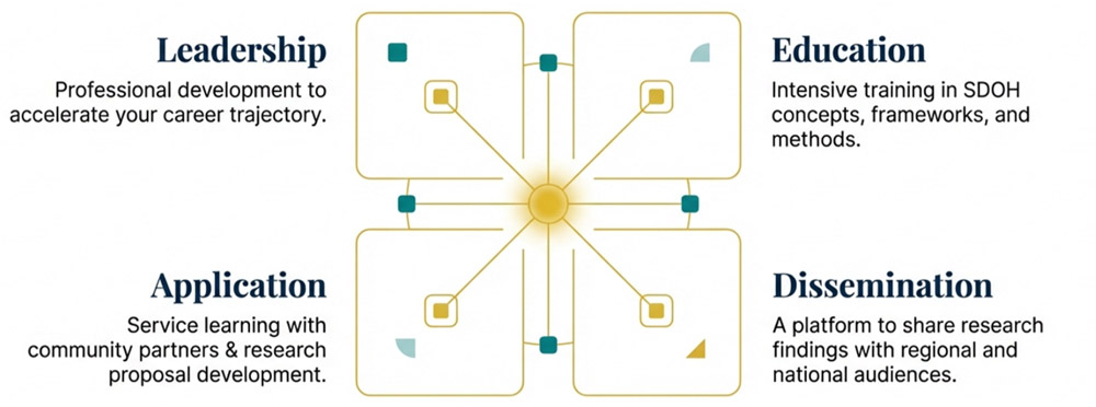 Graphic illustrating the LEADRS framework with four components: Leadership—professional development to accelerate career trajectory; Education—intensive training in SDOH concepts, frameworks, and methods; Application—service learning with community partners and research proposal development; Dissemination—a platform to share research findings with regional and national audiences.