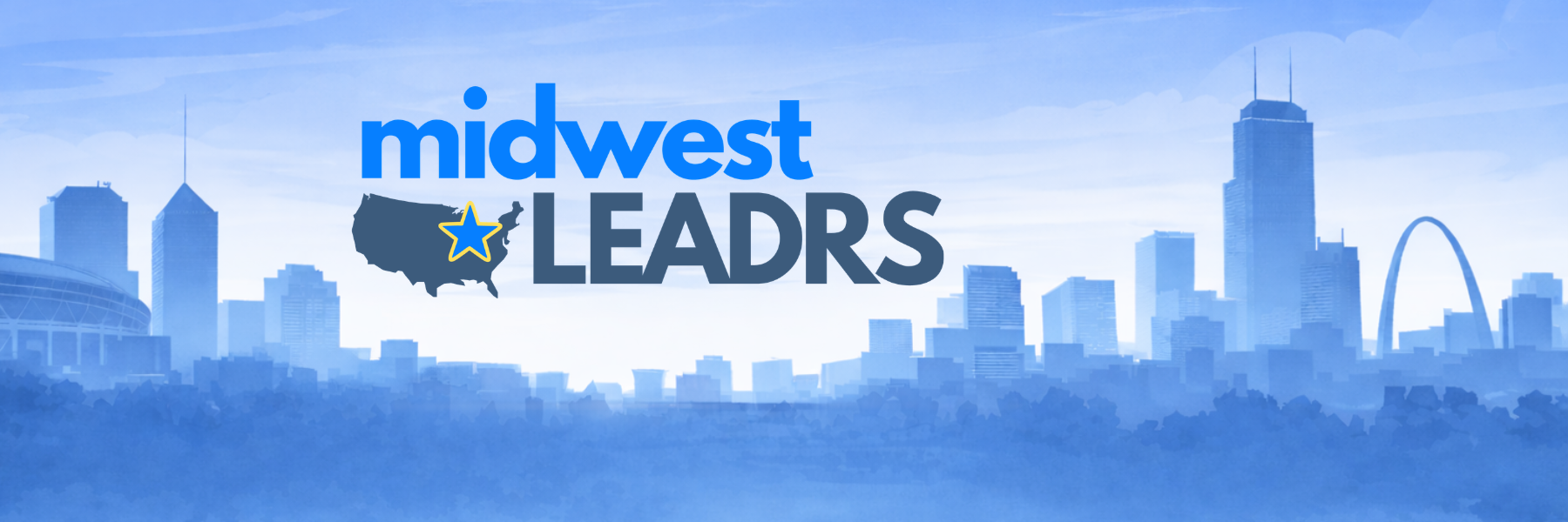 Graphic reading “Midwest LEADRS” with a U.S. map and star icon over a Midwestern city skyline.